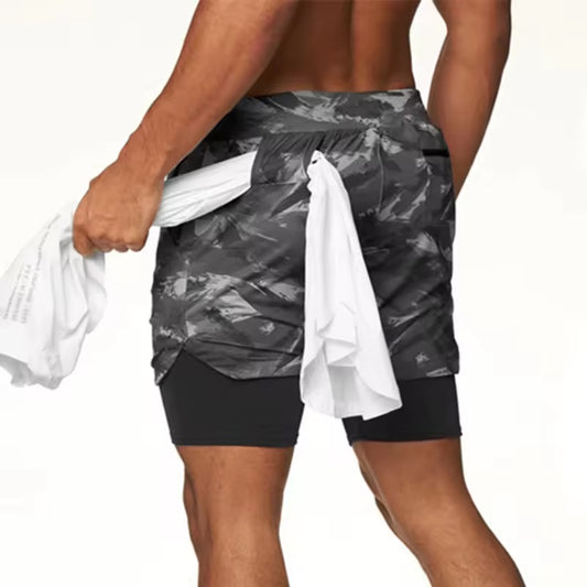 Short de sport 2en1 imprimé noir (Collant Noir + attache serviette )